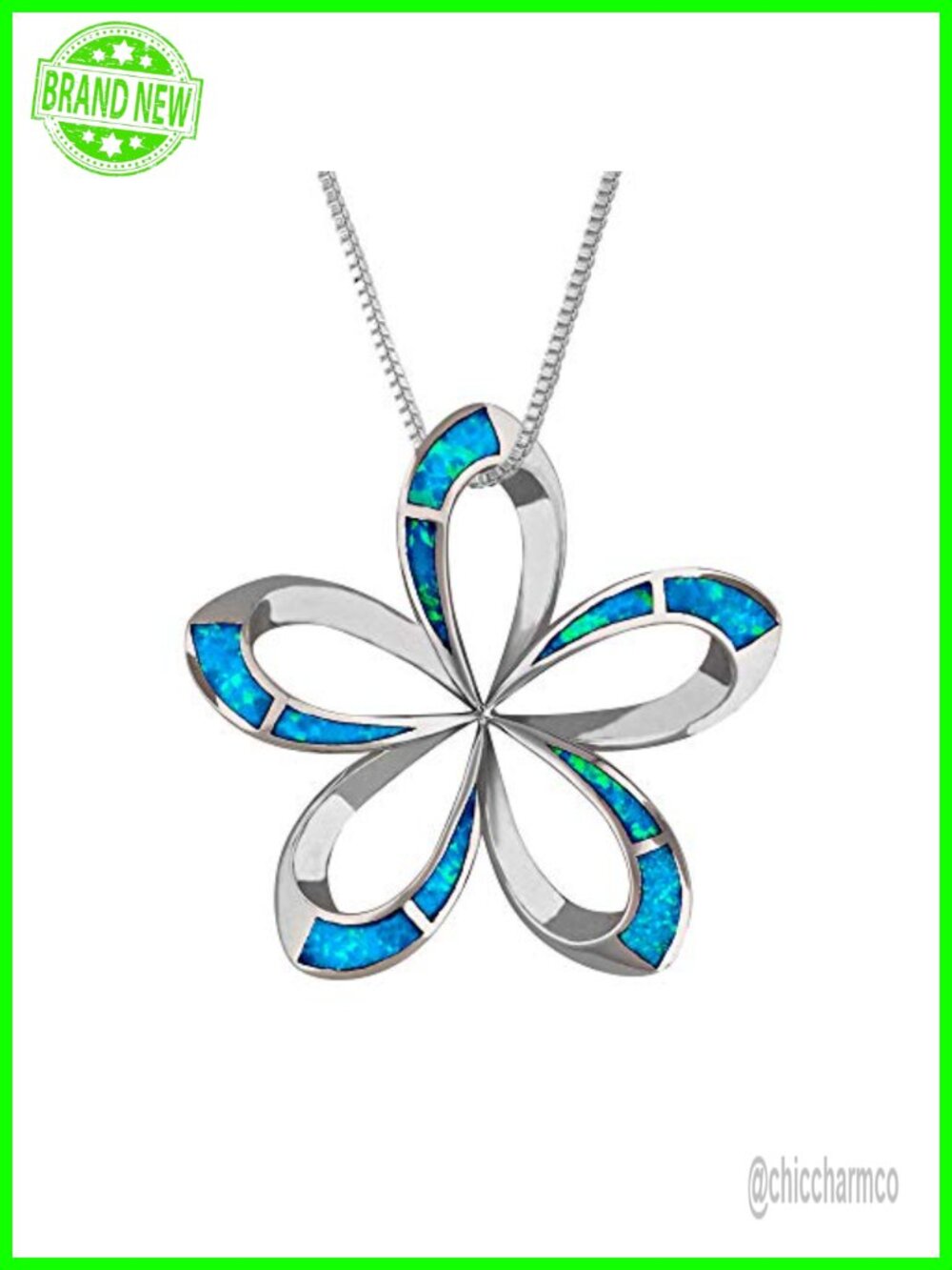 Sterling Silver Synthetic Blue Opal Plumeria Pendant Necklace